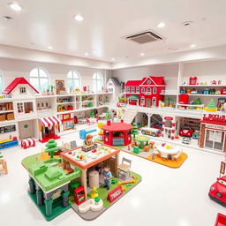 A very large playroom designed to resemble a toy city, featuring distinct sections such as a house, a restaurant, a school, a fire station, and a police station
