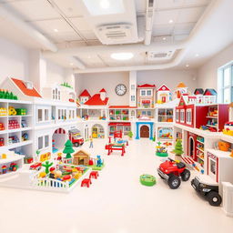 A very large playroom designed to resemble a toy city, featuring distinct sections such as a house, a restaurant, a school, a fire station, and a police station