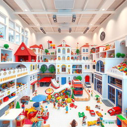 A very large playroom designed to resemble a toy city, featuring distinct sections such as a house, a restaurant, a school, a fire station, and a police station