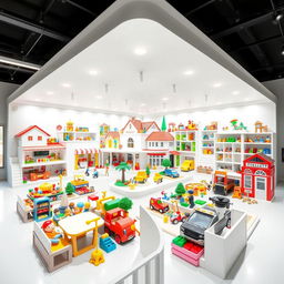 A very large playroom designed to resemble a toy city, featuring distinct sections such as a house, a restaurant, a school, a fire station, and a police station