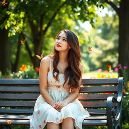 A young woman sitting gracefully on a beautiful park bench in a serene garden