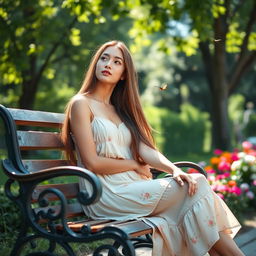 A young woman sitting gracefully on a beautiful park bench in a serene garden