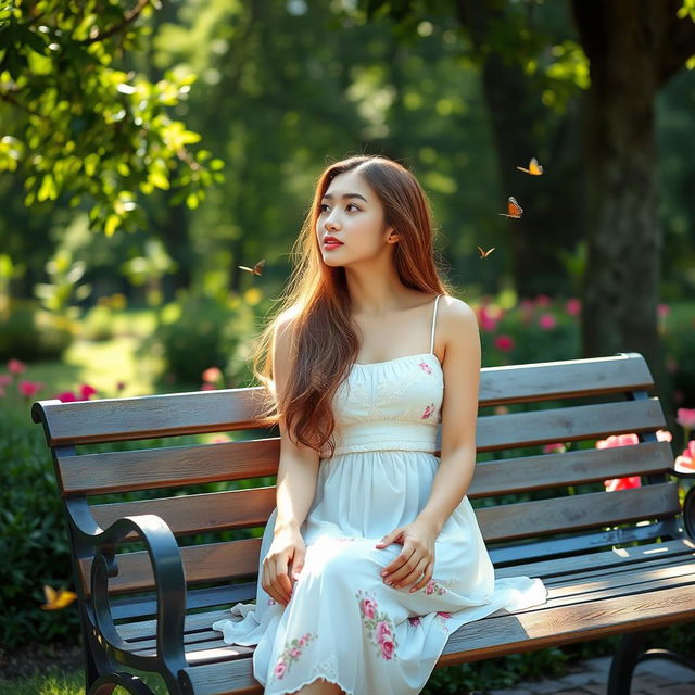 A young woman sitting gracefully on a beautiful park bench in a serene garden