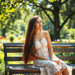 A young woman sitting gracefully on a beautiful park bench in a serene garden