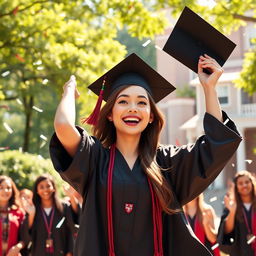 A vibrant and dynamic graduation animation featuring a female student in a Harvard Business School uniform