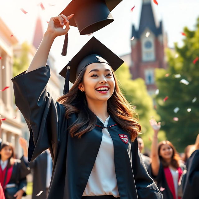 A vibrant and dynamic graduation animation featuring a female student in a Harvard Business School uniform