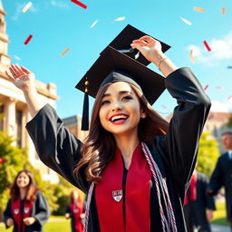 A vibrant and dynamic graduation animation featuring a female student in a Harvard Business School uniform