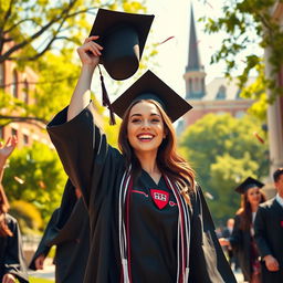 A vibrant and dynamic graduation animation featuring a female student in a Harvard Business School uniform