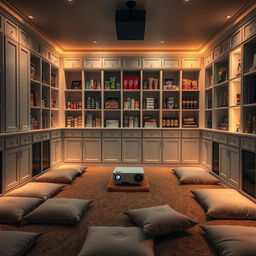 A secret room designed for movie watching, featuring a projector for viewing films