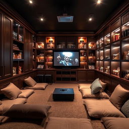 A secret room designed for movie watching, featuring a projector for viewing films