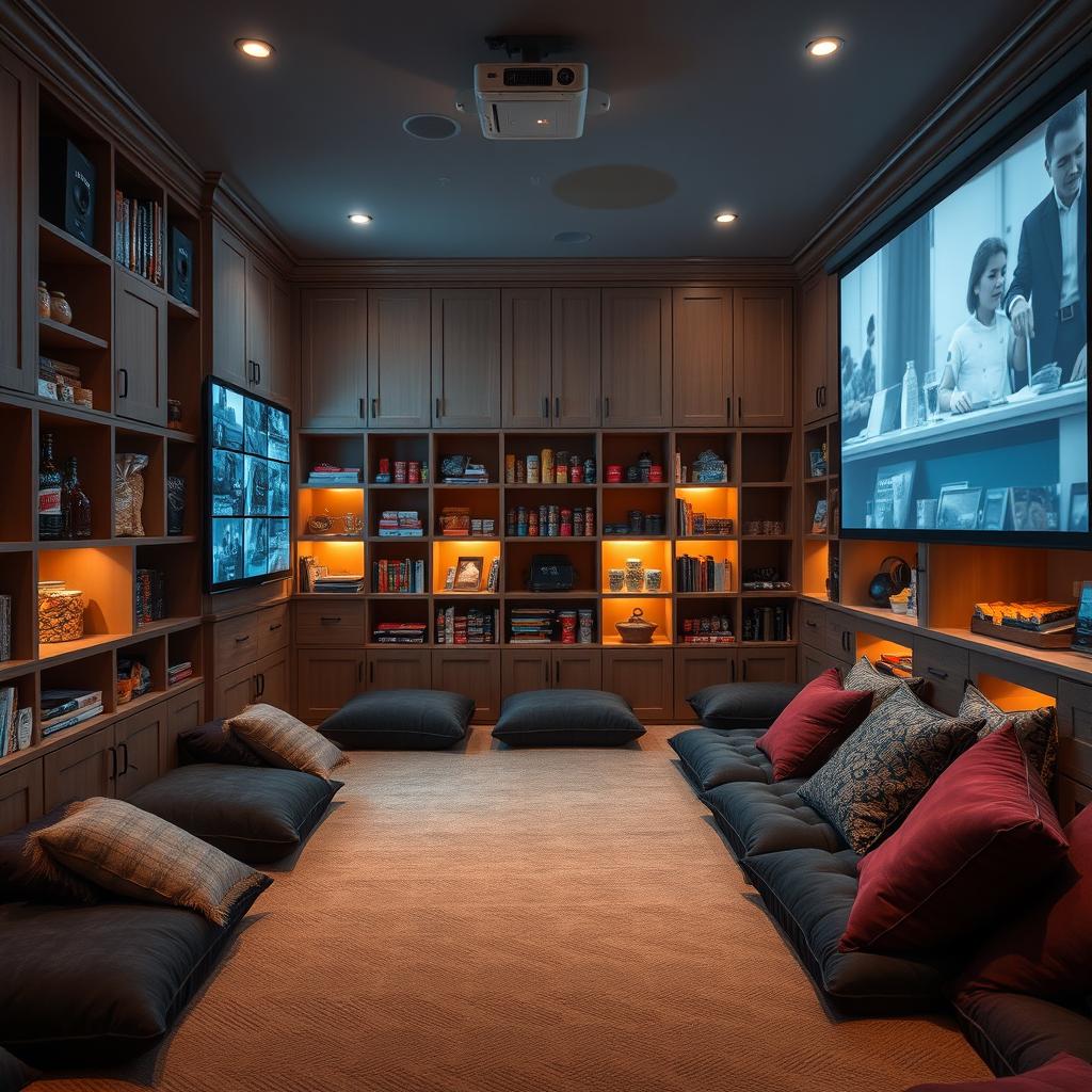 A secret room designed for movie watching, featuring a projector for viewing films