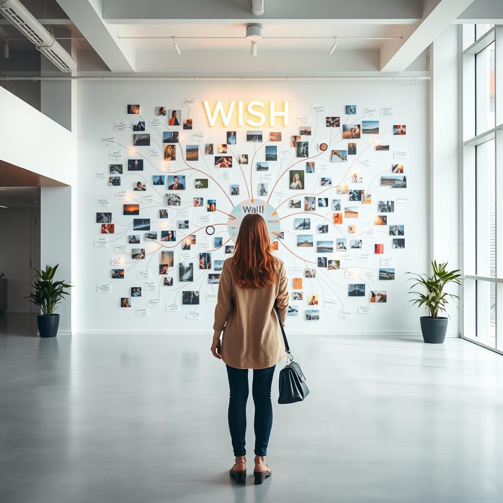 A cinematic shot of a woman standing in front of a giant wish wall mind map, creatively constructed from an array of different light signs, photographs, and drawings, each contributing to a dynamic and visually stimulating display