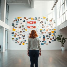 A cinematic shot of a woman standing in front of a giant wish wall mind map, creatively constructed from an array of different light signs, photographs, and drawings, each contributing to a dynamic and visually stimulating display