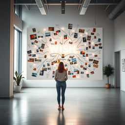 A cinematic shot of a woman standing in front of a giant wish wall mind map, creatively constructed from an array of different light signs, photographs, and drawings, each contributing to a dynamic and visually stimulating display
