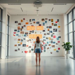 A cinematic shot of a woman standing in front of a giant wish wall mind map, creatively constructed from an array of different light signs, photographs, and drawings, each contributing to a dynamic and visually stimulating display