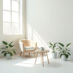 A minimalistic setting featuring a clean and serene room with soft pastel walls, a cozy armchair positioned near a large window letting in gentle sunlight, a small round coffee table with a steaming cup of coffee atop it, and lush green plants in the corners for a refreshing touch