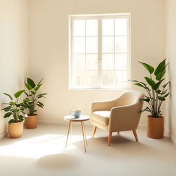 A minimalistic setting featuring a clean and serene room with soft pastel walls, a cozy armchair positioned near a large window letting in gentle sunlight, a small round coffee table with a steaming cup of coffee atop it, and lush green plants in the corners for a refreshing touch