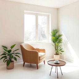 A minimalistic setting featuring a clean and serene room with soft pastel walls, a cozy armchair positioned near a large window letting in gentle sunlight, a small round coffee table with a steaming cup of coffee atop it, and lush green plants in the corners for a refreshing touch