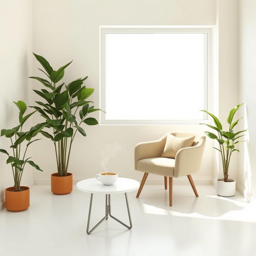 A minimalistic setting featuring a clean and serene room with soft pastel walls, a cozy armchair positioned near a large window letting in gentle sunlight, a small round coffee table with a steaming cup of coffee atop it, and lush green plants in the corners for a refreshing touch