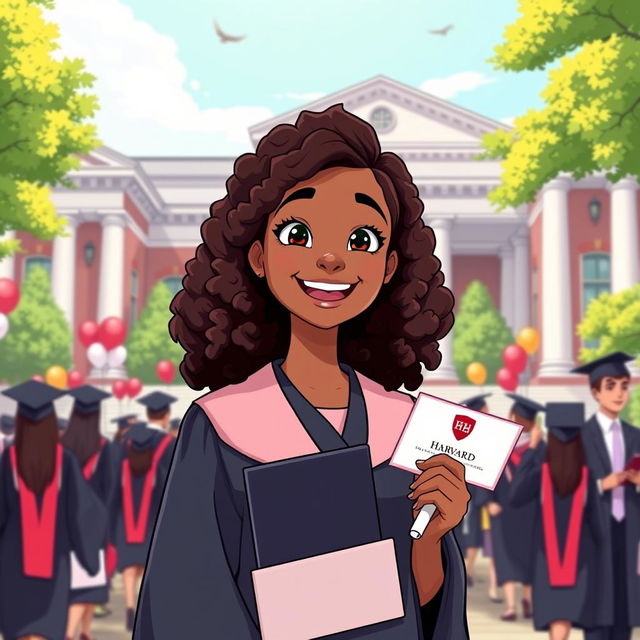 An animated scene depicting a young woman with brown skin tone and curly hair, proudly wearing a Harvard Business School graduation uniform