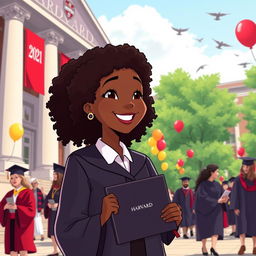 An animated scene depicting a young woman with brown skin tone and curly hair, proudly wearing a Harvard Business School graduation uniform