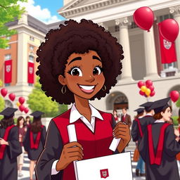 An animated scene depicting a young woman with brown skin tone and curly hair, proudly wearing a Harvard Business School graduation uniform