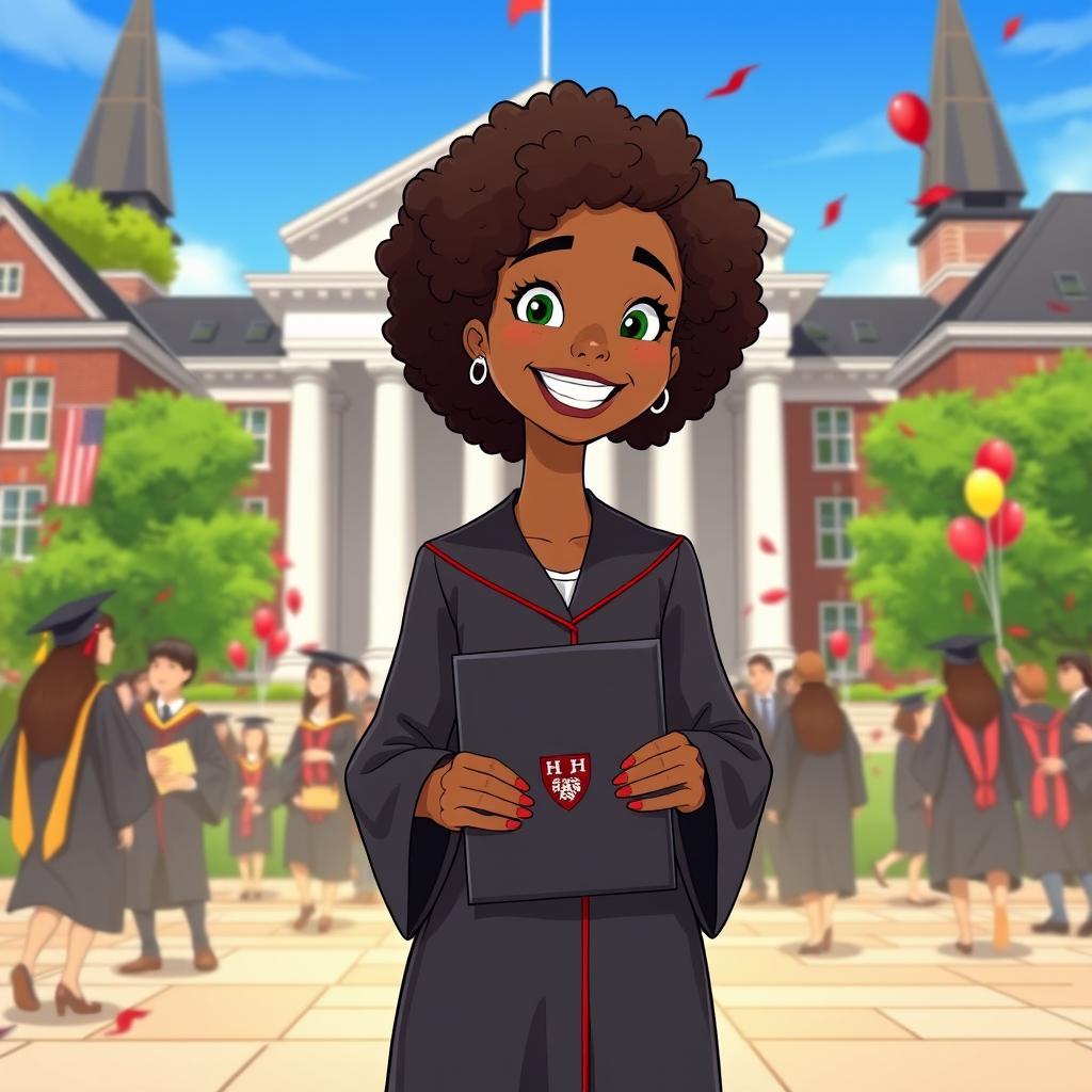 An animated scene depicting a young woman with brown skin tone and curly hair, proudly wearing a Harvard Business School graduation uniform