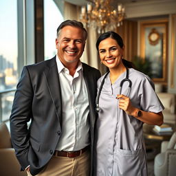 A wealthy billionaire husband, dressed in a tailored suit, smiling confidently, standing beside his elegant doctor wife, who is wearing scrubs and holding a stethoscope