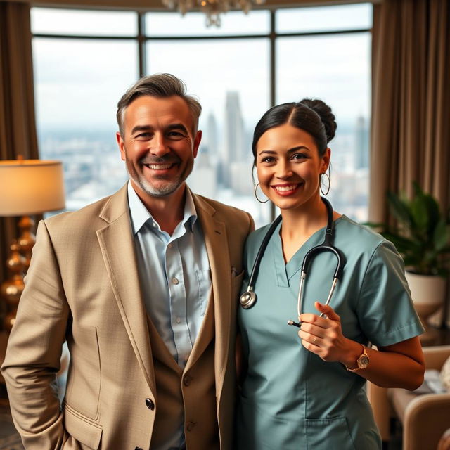 A wealthy billionaire husband, dressed in a tailored suit, smiling confidently, standing beside his elegant doctor wife, who is wearing scrubs and holding a stethoscope