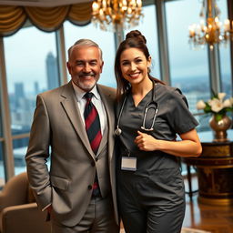 A wealthy billionaire husband, dressed in a tailored suit, smiling confidently, standing beside his elegant doctor wife, who is wearing scrubs and holding a stethoscope