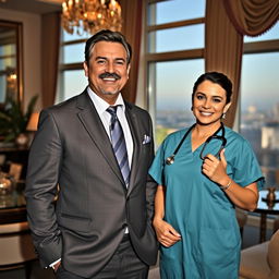 A wealthy billionaire husband, dressed in a tailored suit, smiling confidently, standing beside his elegant doctor wife, who is wearing scrubs and holding a stethoscope