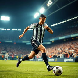 A dynamic action shot of a professional football player resembling Cristiano Ronaldo, wearing a sleek black and white football kit, mid-sprint on a green football pitch with a stadium filled with cheering fans in the background