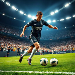A dynamic action shot of a professional football player resembling Cristiano Ronaldo, wearing a sleek black and white football kit, mid-sprint on a green football pitch with a stadium filled with cheering fans in the background
