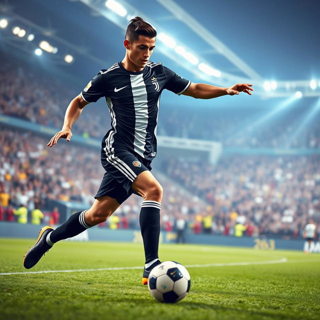 A dynamic action shot of a professional football player resembling Cristiano Ronaldo, wearing a sleek black and white football kit, mid-sprint on a green football pitch with a stadium filled with cheering fans in the background