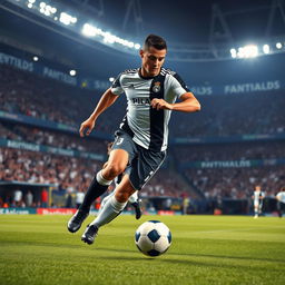 A dynamic action shot of a professional football player resembling Cristiano Ronaldo, wearing a sleek black and white football kit, mid-sprint on a green football pitch with a stadium filled with cheering fans in the background