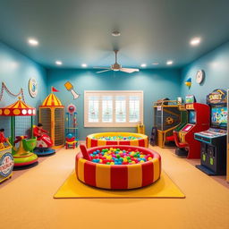A room designed to resemble a mini amusement park, featuring various amusement park elements like small rides, a ball pit, climbing structures, and arcade games