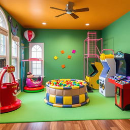 A room designed to resemble a mini amusement park, featuring various amusement park elements like small rides, a ball pit, climbing structures, and arcade games