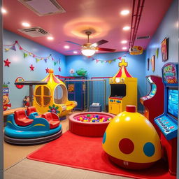 A room designed to resemble a mini amusement park, featuring various amusement park elements like small rides, a ball pit, climbing structures, and arcade games