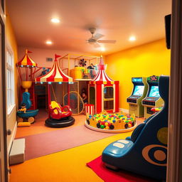 A room designed to resemble a mini amusement park, featuring various amusement park elements like small rides, a ball pit, climbing structures, and arcade games