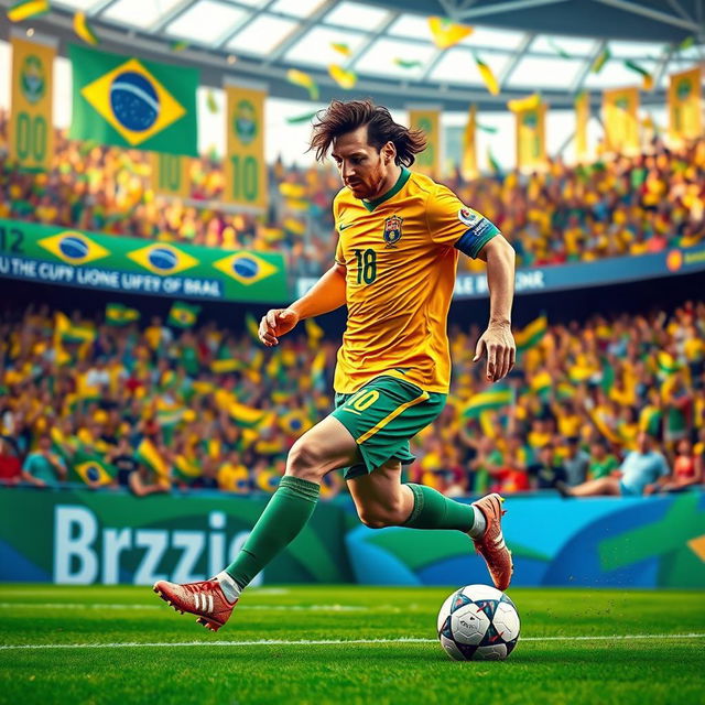 A dynamic and vibrant scene depicting Lionel Messi playing for the Brazil national football team, showcasing his exceptional skills on the field