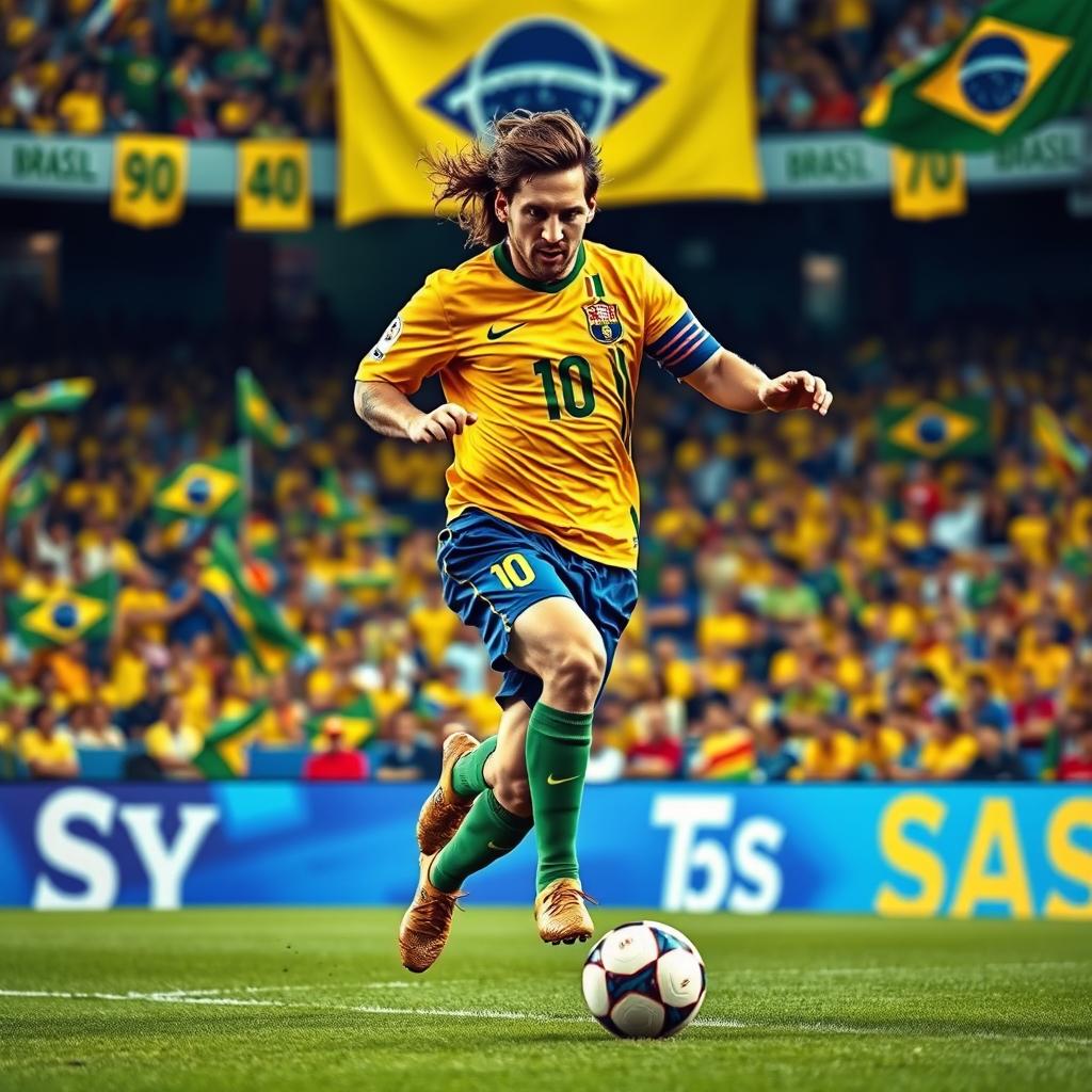 A dynamic and vibrant scene depicting Lionel Messi playing for the Brazil national football team, showcasing his exceptional skills on the field