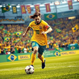 A dynamic and vibrant scene depicting Lionel Messi playing for the Brazil national football team, showcasing his exceptional skills on the field