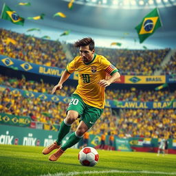 A dynamic and vibrant scene depicting Lionel Messi playing for the Brazil national football team, showcasing his exceptional skills on the field