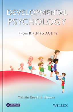 The cover of a book titled 'Developmental Psychology: From Birth to Age 12', depicting the stages of human development from a fetus in the womb to a 12-year-old child