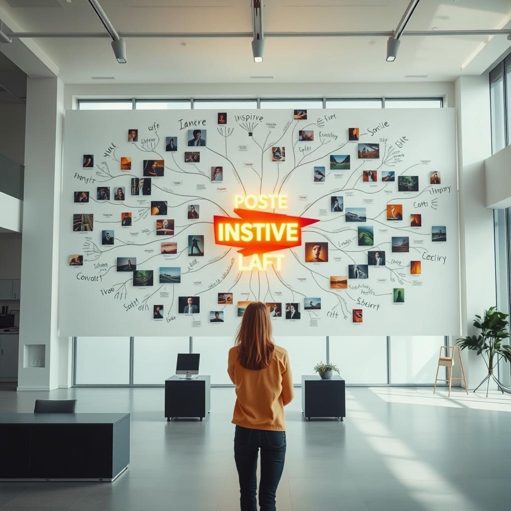 A cinematic shot of a woman standing in front of a giant mind map, intricately constructed from a variety of light signs, photographs, and drawings, with numerous positive key words prominently popping out to inspire and uplift