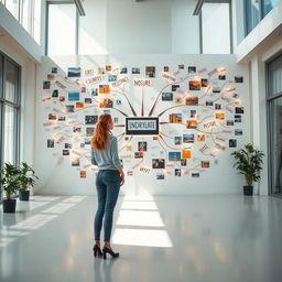 A cinematic shot of a woman standing in front of a giant mind map, intricately constructed from a variety of light signs, photographs, and drawings, with numerous positive key words prominently popping out to inspire and uplift