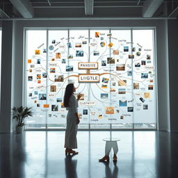 A cinematic shot of a woman standing in front of a giant mind map, intricately constructed from a variety of light signs, photographs, and drawings, with numerous positive key words prominently popping out to inspire and uplift