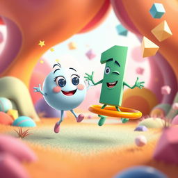 An imaginative animation scene featuring two main characters personified as the numbers 0 and 1