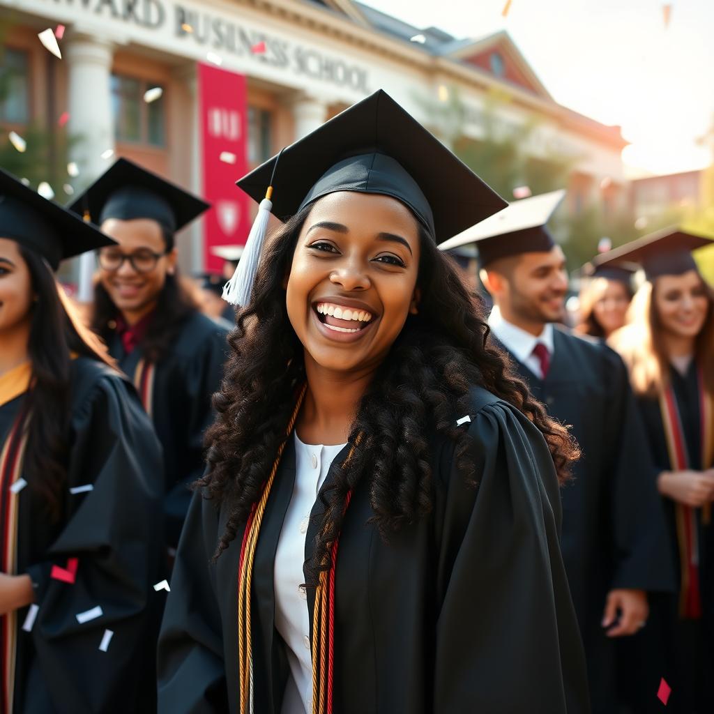 A joyful graduation scene at Harvard Business School featuring a girl with brown skin tone and long curly hair, wearing a traditional graduation uniform