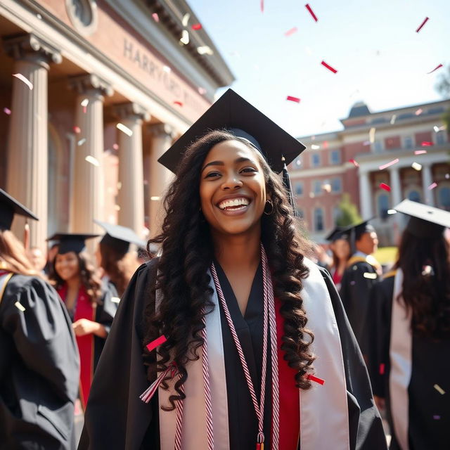 A joyful graduation scene at Harvard Business School featuring a girl with brown skin tone and long curly hair, wearing a traditional graduation uniform